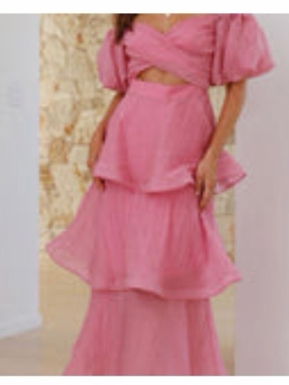Pink Tiered Prom Dress with Puff Sleeves